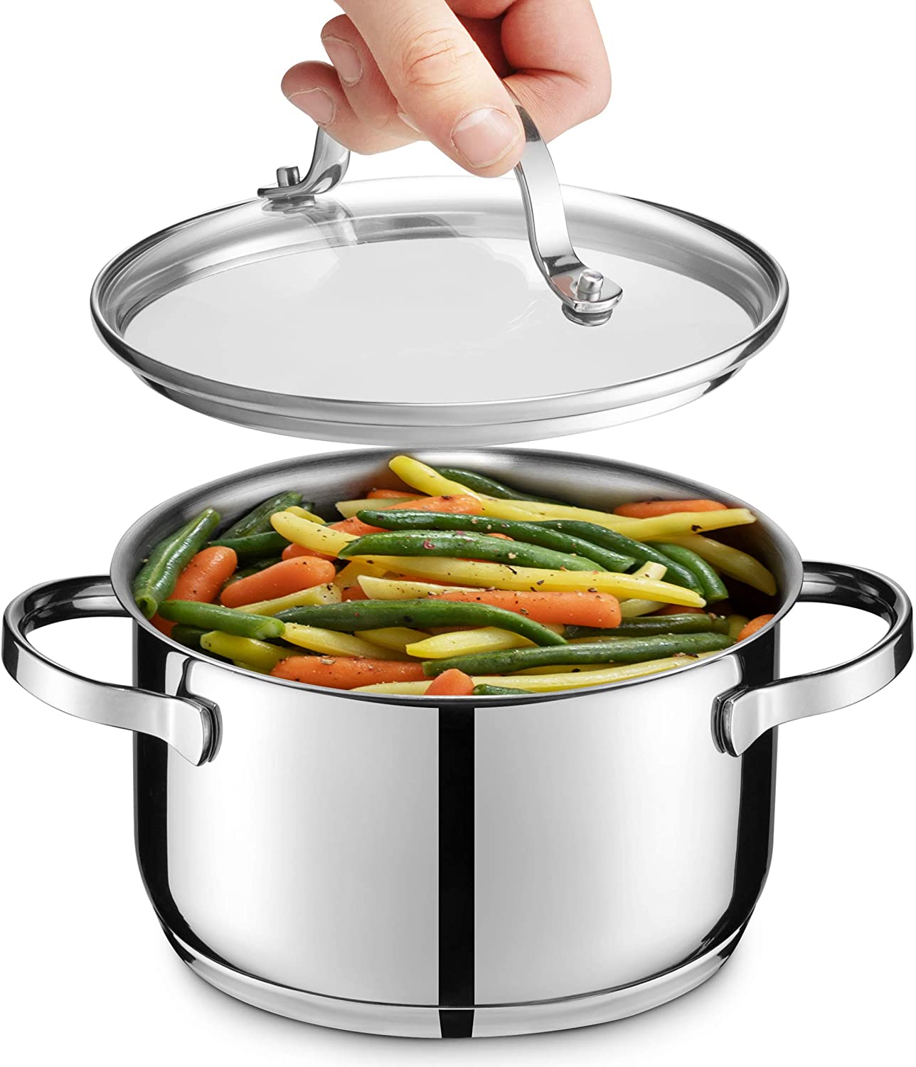 GOURMEX 1.8L Small Induction Casserole Stainless Steel Pot with Glass Cookware Lid