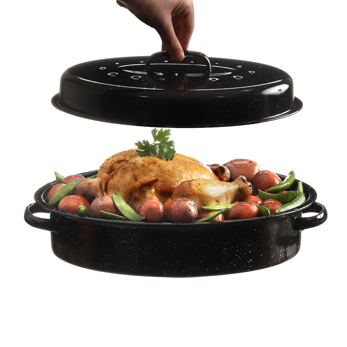 GOURMEX Black Oval Ceramic Enamel Coated Roasting Pan  | Dutch Oven Pot with Lid | Dishwasher Safe