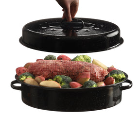 GOURMEX Black Oval Ceramic Enamel Coated Roasting Pan  | Dutch Oven Pot with Lid | Dishwasher Safe
