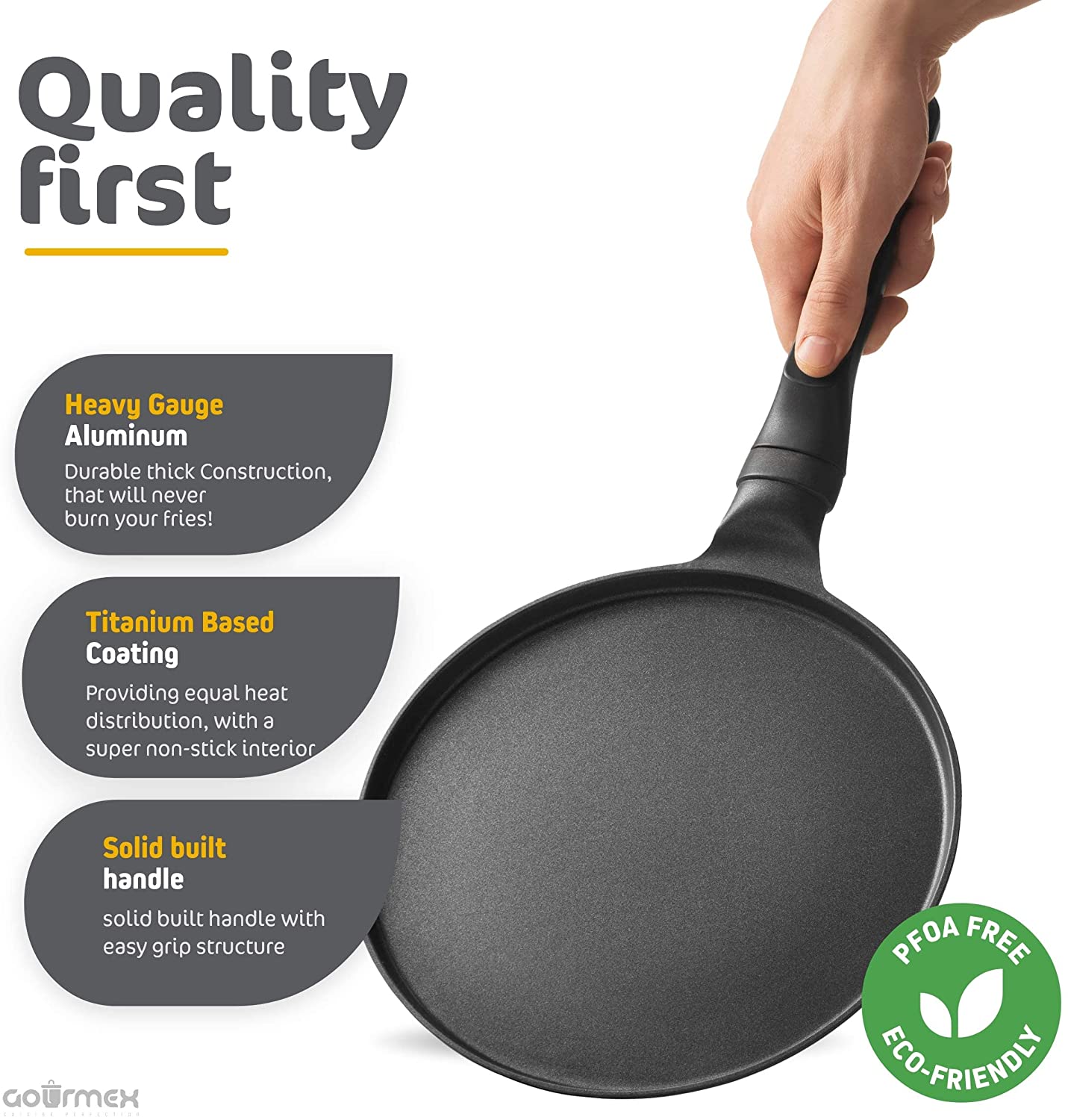 GOURMEX 22cm Black Induction Crepe Pan, with PFOA Free Nonstick Coating