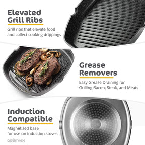 GOURMEX 28cm Induction Grill Pan, Black, with Nonstick Coating
